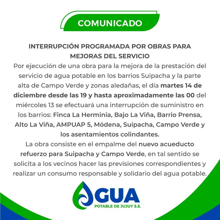 Comunicado sobre la interrupción del servicio de agua en barrios de San Salvador de Jujuy.