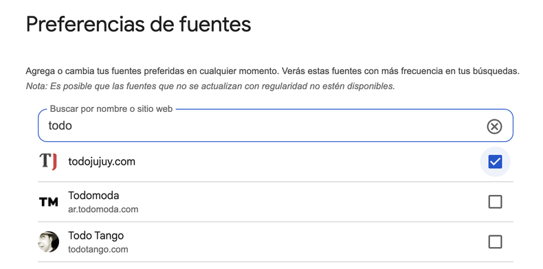 Fuentes preferidas de Google.