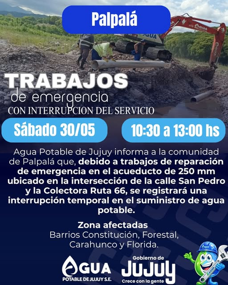 Agua Potable de Jujuy informó una interrupción temporal del servicio para este sábado 30 de mayo en Palpalá.