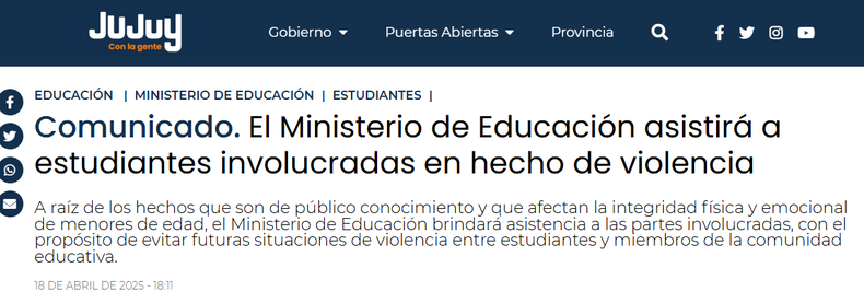 Luego de la difusión de las imágenes que causaron conmoción en toda la sociedad mostrando un caso explícito de bullying, el Ministerio de Educación emitió un comunicado.
