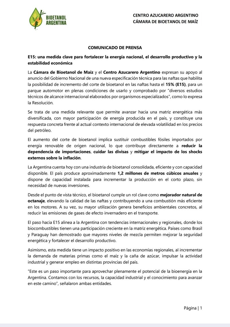 Desde el sector del bioetanol también respaldaron la medida