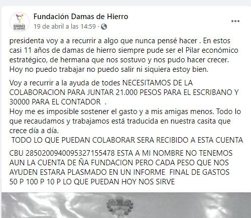 Posteo en redes sociales de la Fundación Damas de Hierro: necesitan recaudar dinero para la Personería Jurídica