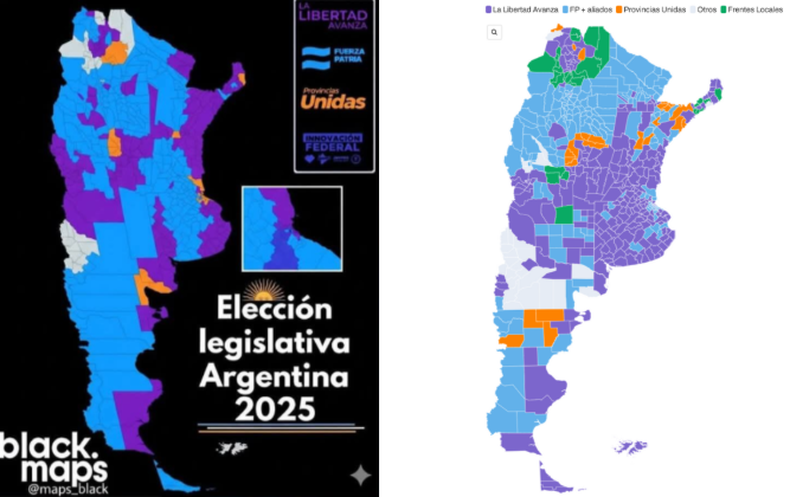 A la izquierda el mapa desinformante, a la derecha el mapa realizado por Chequeado con información oficial de los resultados de las elecciones legislativas