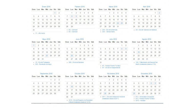 Calendario de feriados 2016