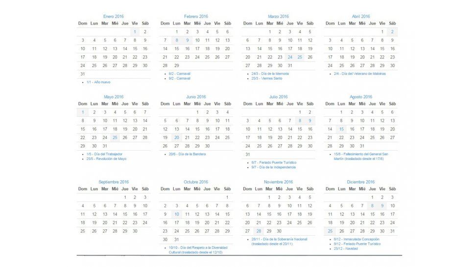 Calendario de feriados 2016