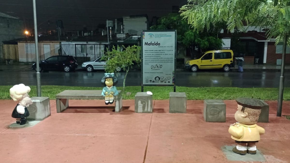 Las esculturas de Mafalda, Manolito y Susanita en el barrio Alto Comedero.