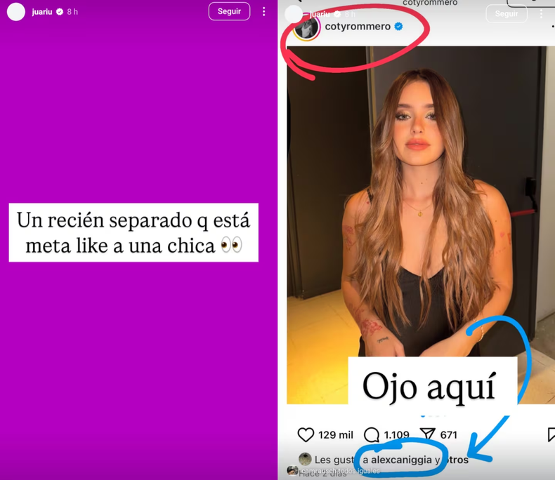 El acercamiento de Alex Caniggia a Coti Romero que llam&oacute; la atenci&oacute;n en las redes. (Foto: Instagram/juariu)