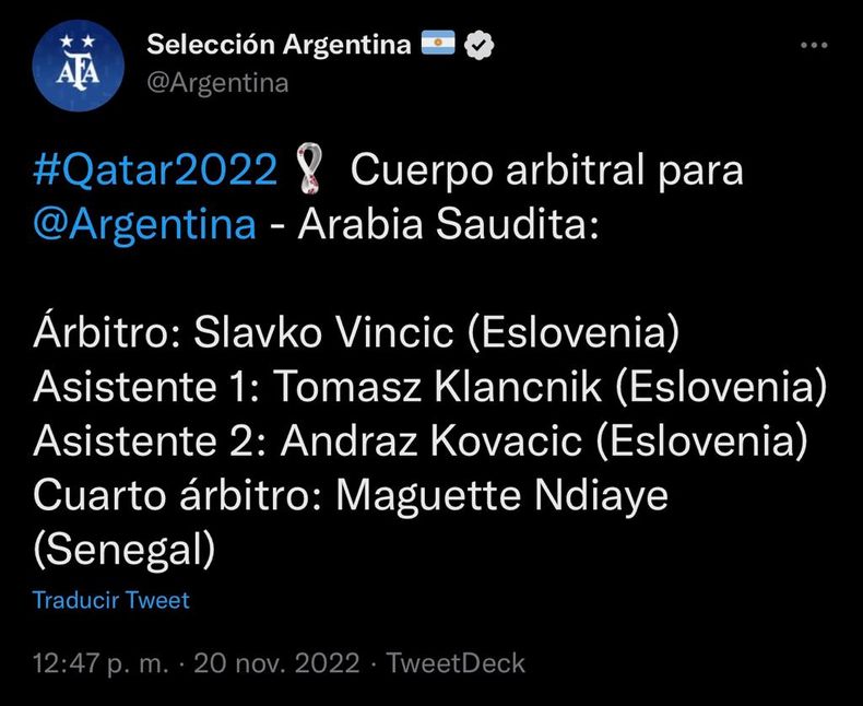 Slavko Vincic será el árbitro de Argentina - Arabia Saudita.