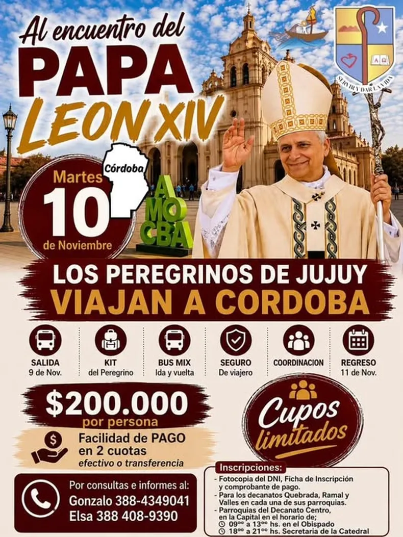 El Obispado de Jujuy comenzó a registrar a quienes quieran viajar a Córdoba para la visita del Papa León XIV. Tendrá un costo de $200 mil.
