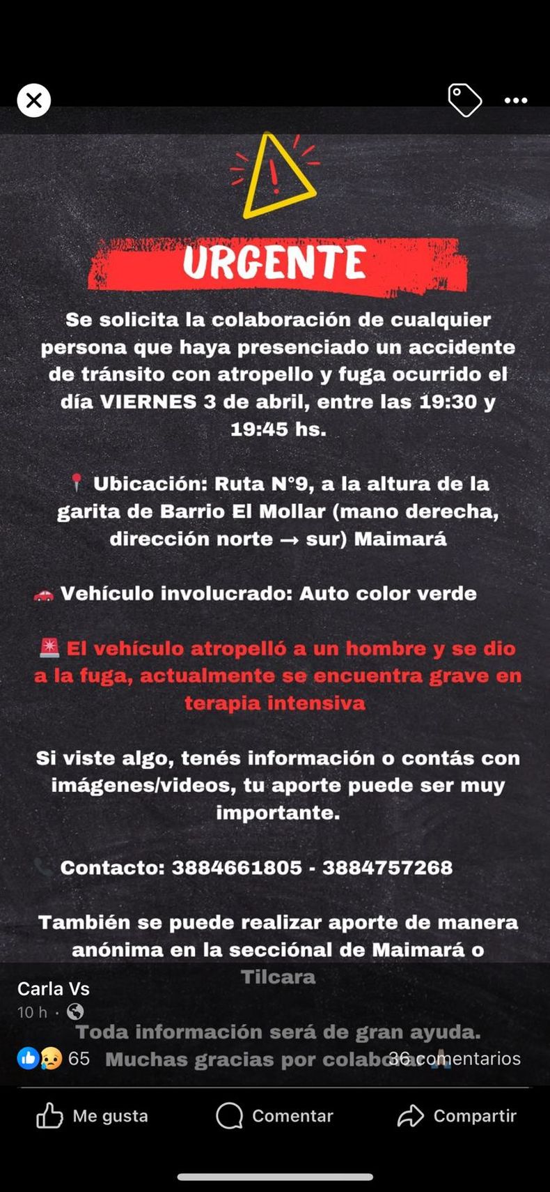 Buscan testigos de un accidente en Maimará: atropellaron a un hombre y se dieron a la fuga