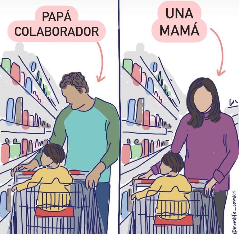 La imagen de un padre que va al supermercado acompañado de su hijo siempre causa ternura, es un “papá colaborador”. Sin embargo la mamá que va al súper con los chicos, es “común”, parte de su rutina.