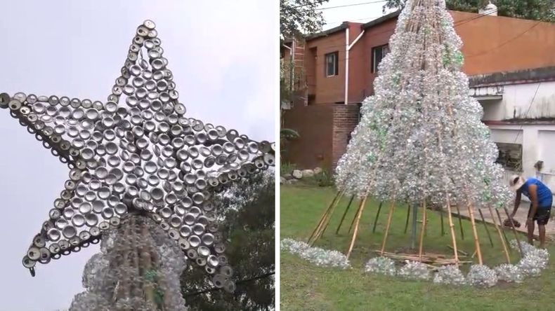Construcción de un arbolito de Navidad con botellas en Huaico.