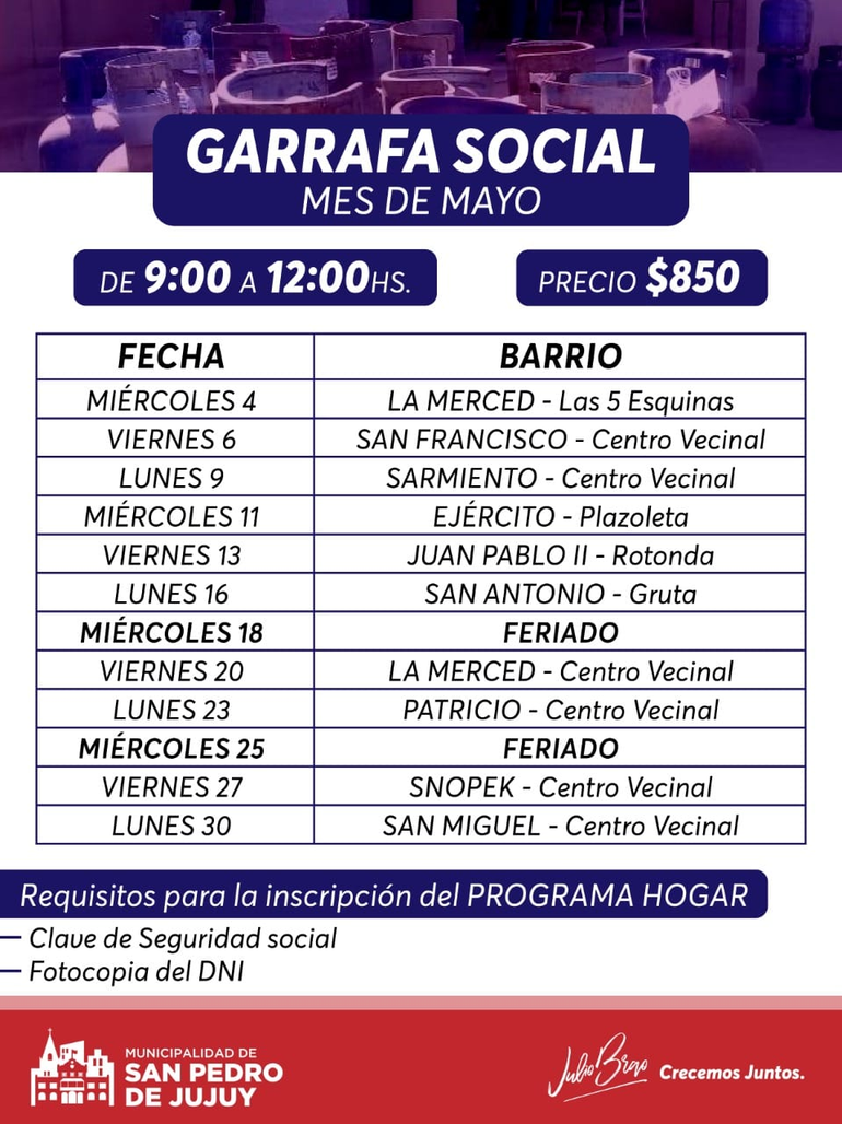 San Pedro de Jujuy: desde hoy entregan la garrafa social