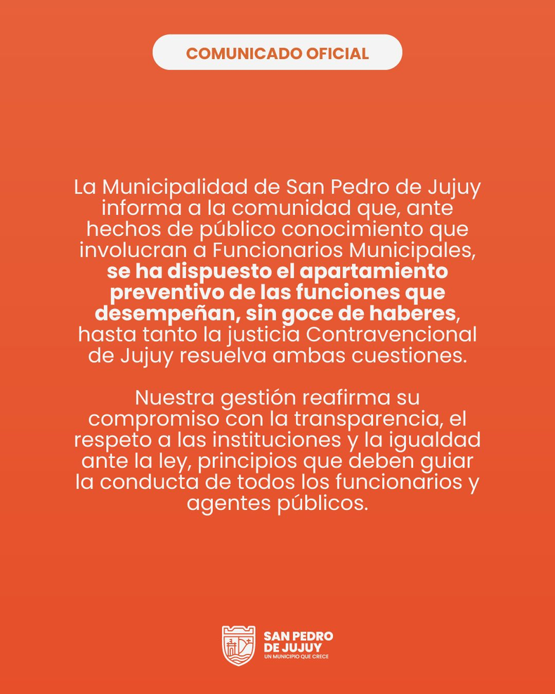 Comunicado de la Municipalidad de San Pedro de Jujuy.