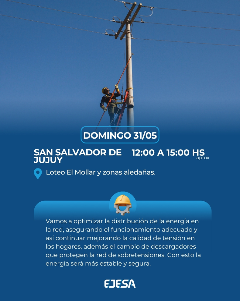 Los cortes serán en Alto Comedero y en el loteo El Mollar, por trabajos de mejoras en la red de baja tensión y optimización del servicio.