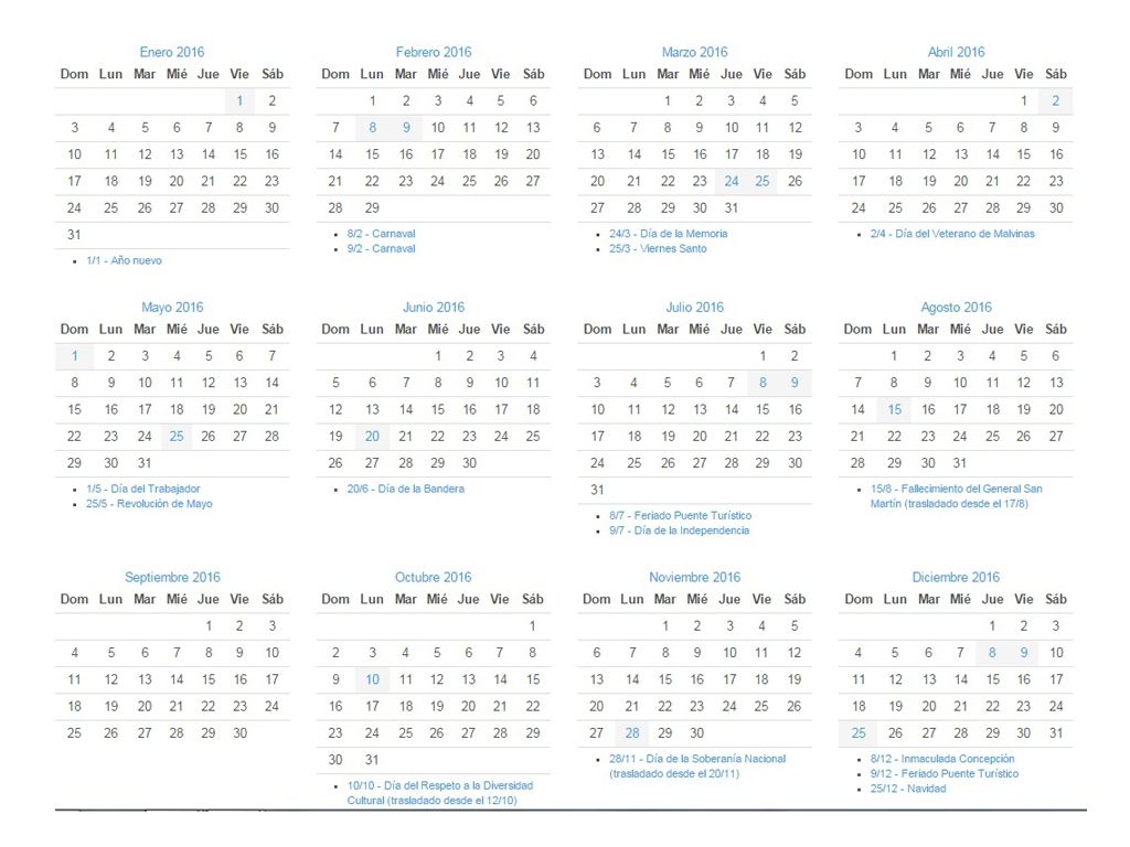 Calendario de feriados 2016