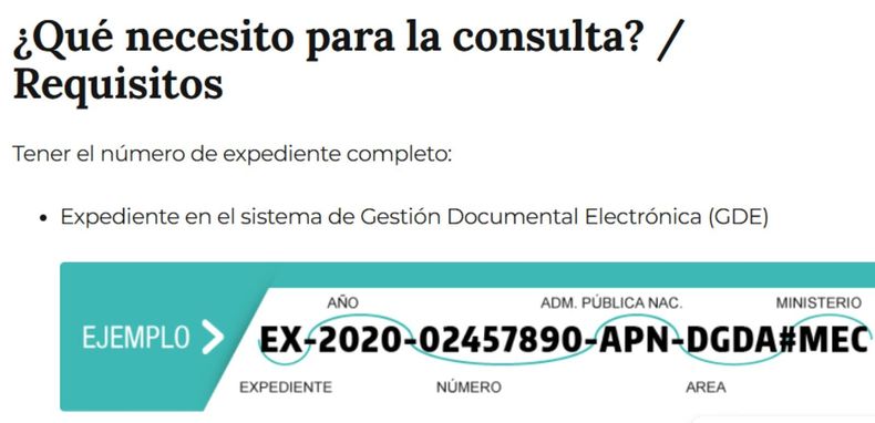 Ejemplo de formato de los números de expediente argentinos.