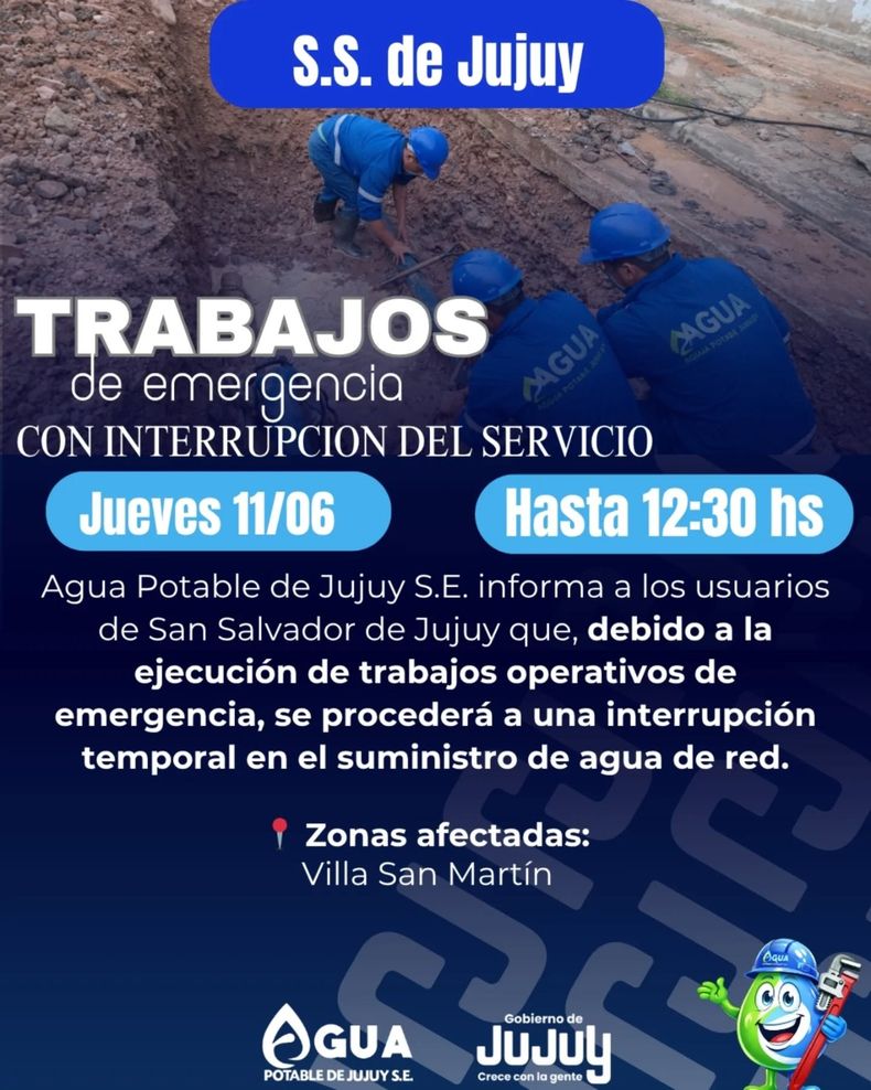 El servicio de agua de red estará afectado este jueves 11 de junio hasta las 12.30 en la zona de Villa San Martín.
