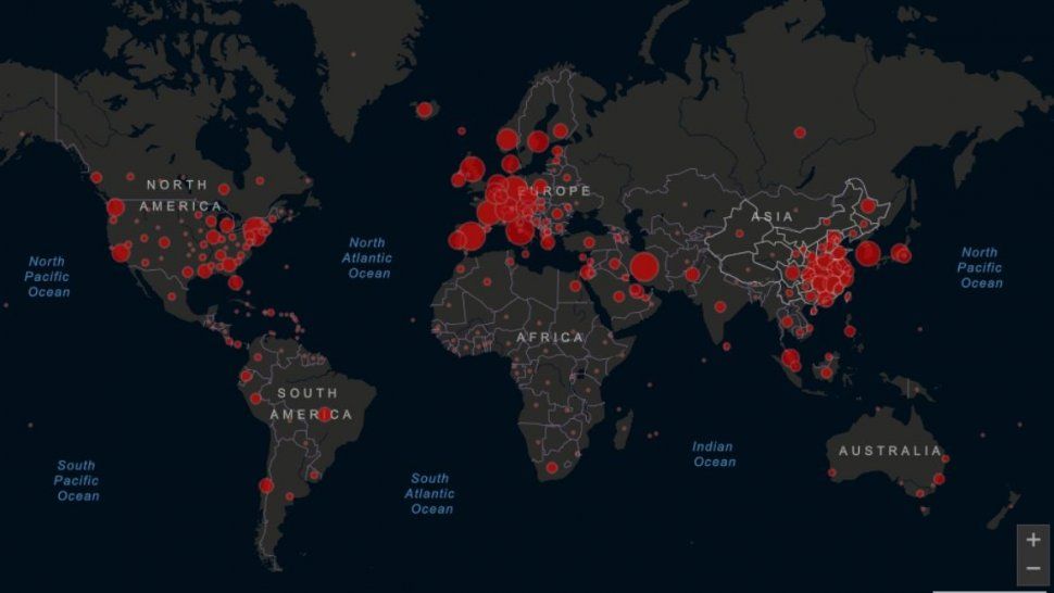 El avance del coronavirus en el mundo, en un mapa de la universidad de John Hopkins, de Estados Unidos.
