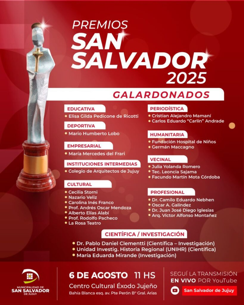 Premios San Salvador Este reconocimiento busca visibilizar el trabajo silencioso pero transformador de actores sociales, culturales, científicos y deportivos que día a día contribuyen al desarrollo de una ciudad más justa, inclusiva y solidaria.