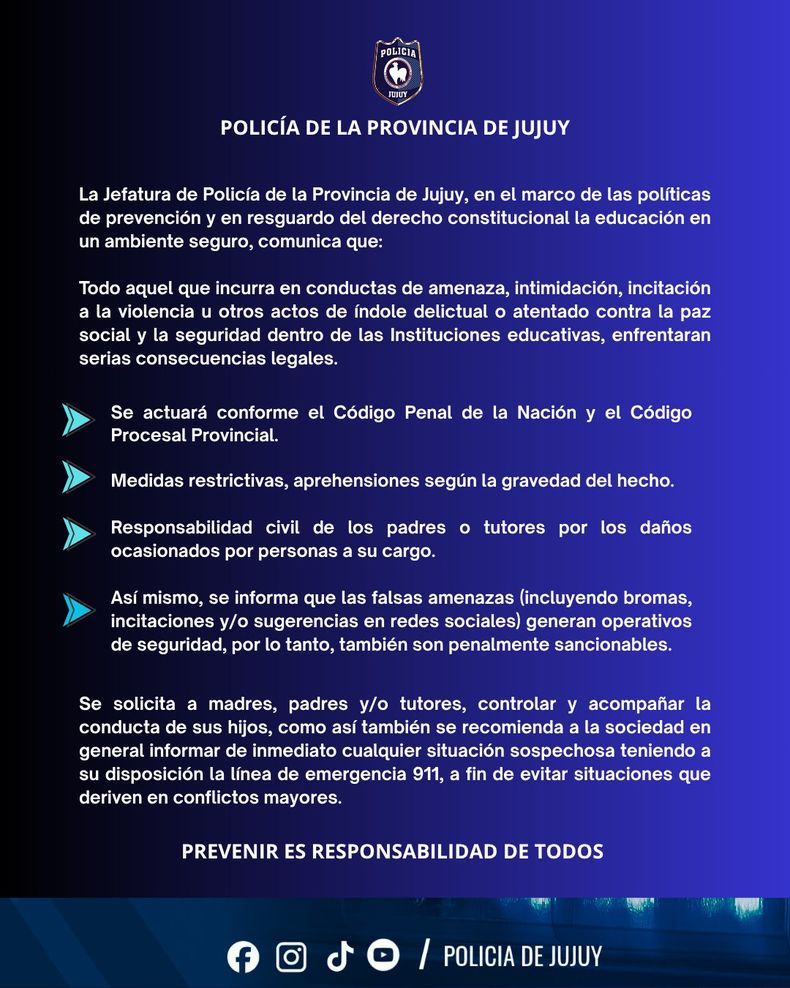 Comunicado de la Policía de la provincia sobre las amenazas de tiroteo Comunicado de la Policía de la provincia sobre las amenazas de tiroteo