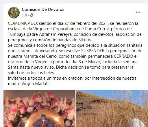 Desde el sitio oficial de la Comisión de Devotos informaron que el Santuario de la Virgen de Punta Corral permanecerá cerrado incluso en Semana Santa.