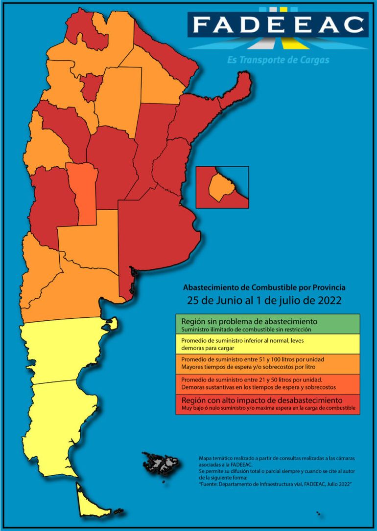 Mapa de abastecimiento de gasoil en Argentina.