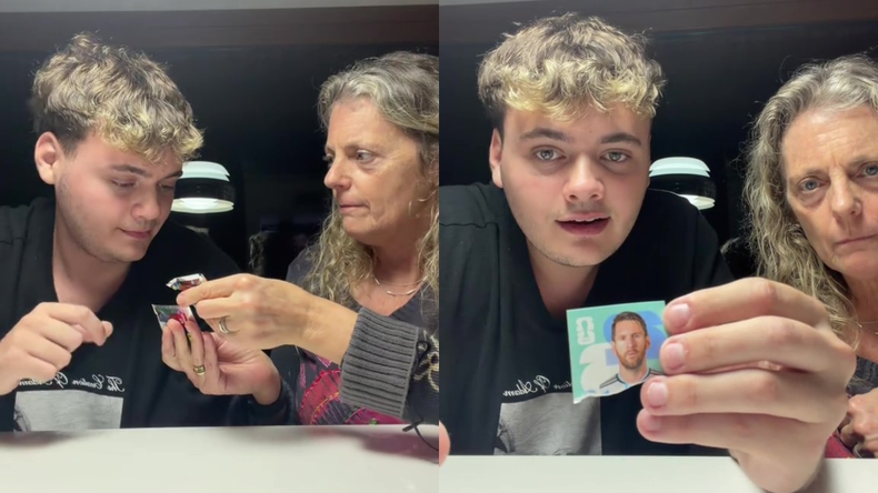 Madre e hijo abren sobres de figuritas del Mundial y se llevan una sorpresa.