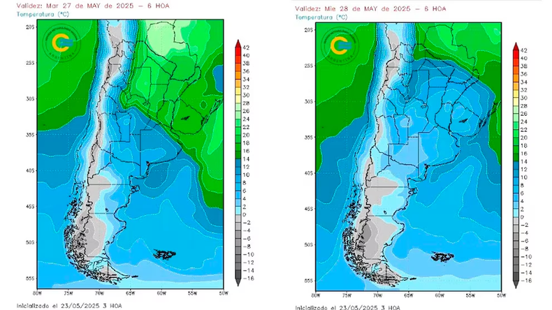 Imagen desde la pagina del SMN donde se muestra el avance de las bajas temperaturas y la ola polar - Crédito: SMN
