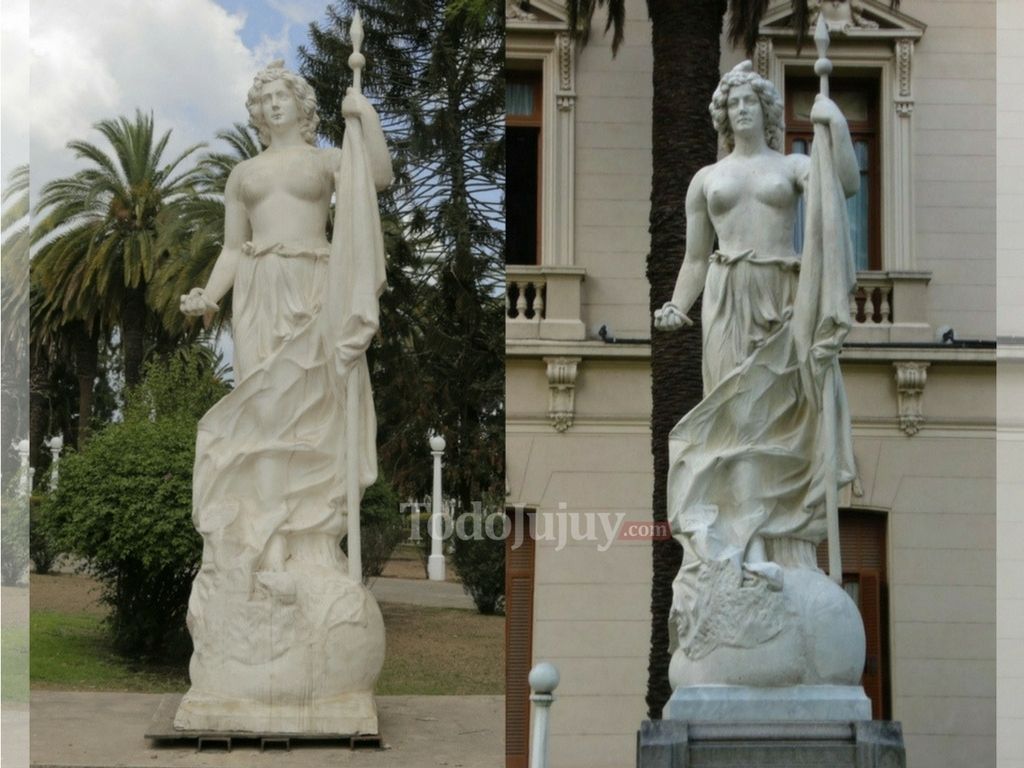 Foto comparativa: escultura Lola Mora