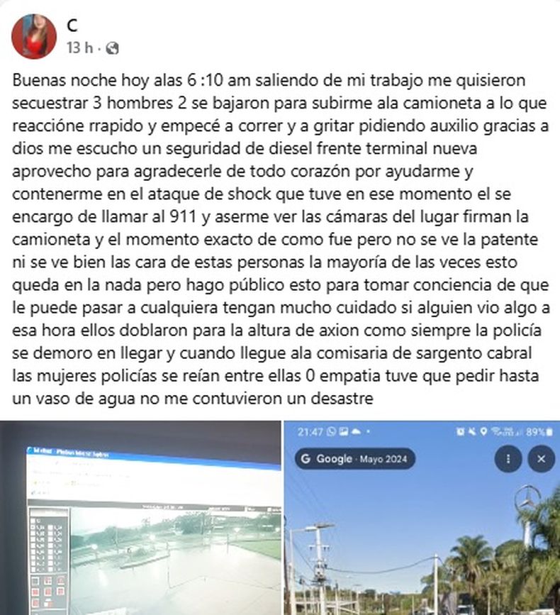 Una joven denunció un intento de robo en la colectora de Ruta 9 y relató el hecho en redes sociales