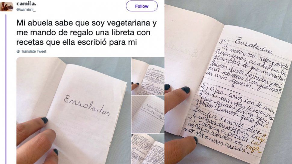 Una abuela le escribió un cuadernito con recetas a su nieta vegetariana