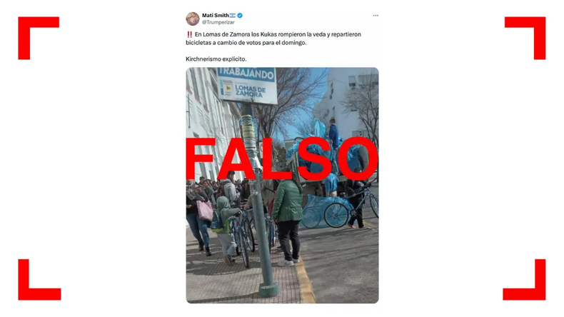 Circula en redes una foto que supuestamente muestra la entrega de bicicletas “a cambio de votos” en el municipio de Lomas de Zamora, en el marco de las elecciones legislativas de Buenos Aires. Pero esto es falso.