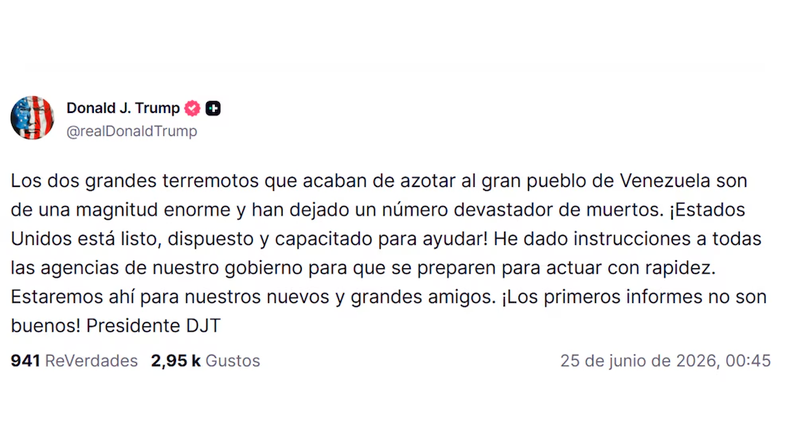 Trump dijo que Estados Unidos está “listo y dispuesto” a ayudar a Venezuela tras los dos terremotos (@realDonaldTrump)