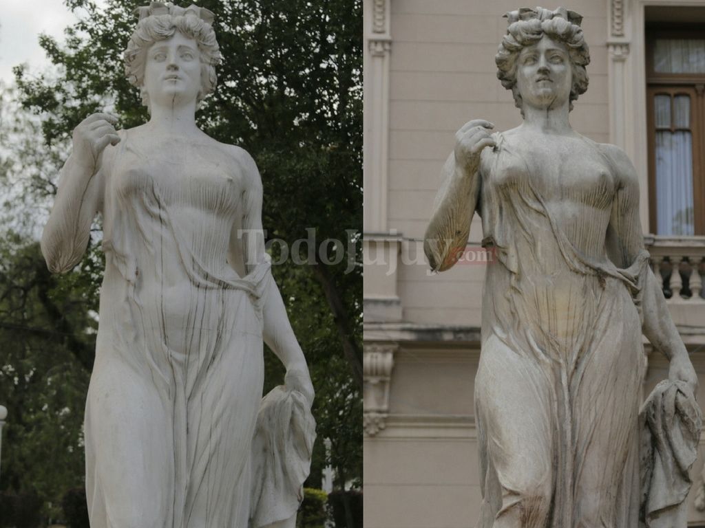 Foto comparativa: escultura Lola Mora