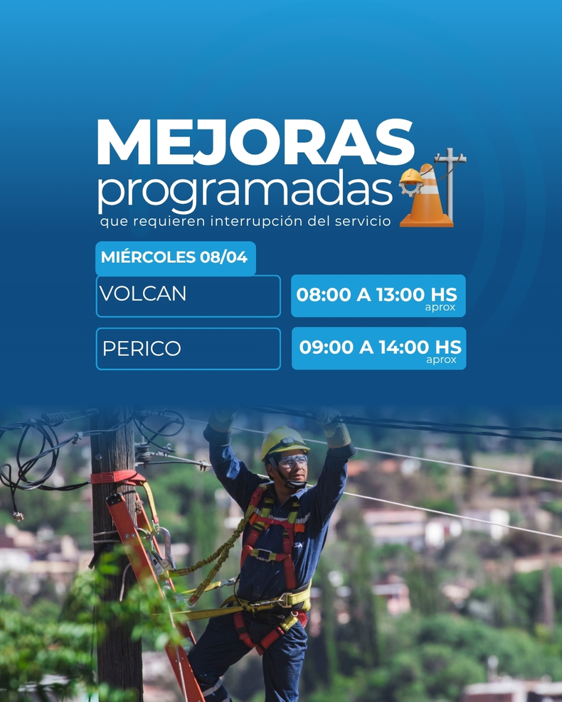 Interrupción programada del servicio de luz en Volcán y Perico
